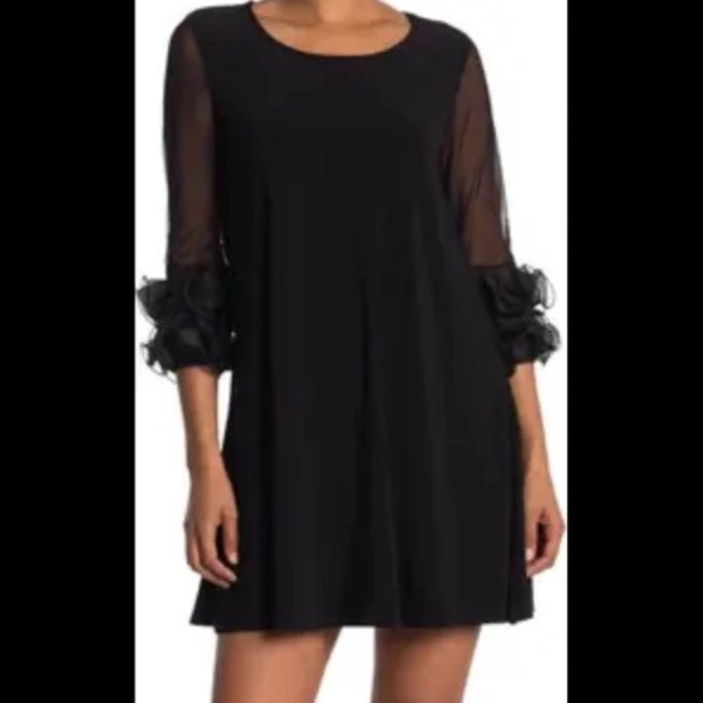 Nina Leonard Black Dress with Sheer Ruffle Sleeves